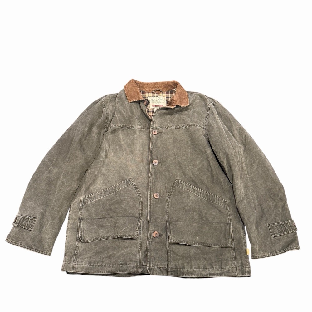 VTG Duck Head Barn Coat Jacket XL Corduroy‎ Collar Plaid Lined Chore 90s Green